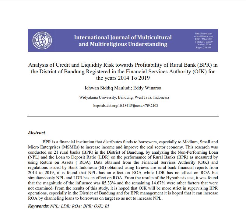 Analysis of Credit and Liquidity Risk Towards Profitability of Rural Bank in the District of Bandung Registered in the Financial Services Authority for the years 2014-2019