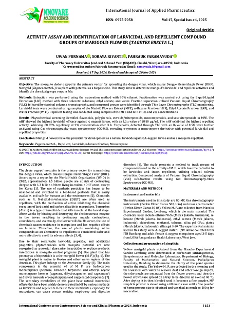 ACTIVITY ASSAY AND IDENTIFICATION OF LARVICIDAL AND REPELLENT COMPOUND GROUPS OF MARIGOLD FLOWER (TAGETES ERECTA L.)