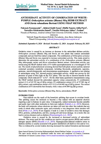ANTIOXIDANT ACTIVITY OF COMBINATION OF WHITE-PURPLE ORTHOSIPHON ARISTATUS (BLUME) MIQ HERB EXTRACT AND STEVIA REBAUDIANA BERTONI USING FRAP METHOD