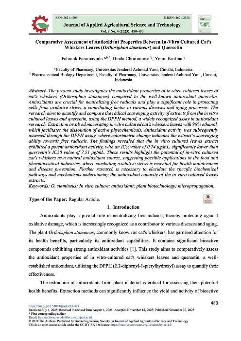 COMPARATIVE ASSESSMENT OF ANTIOXIDANT PROPERTIES BETWEEN IN-VITRO CULTURED CAT'S WHISKERS LEAVES (ORTHOSIPHON STAMINEUS) AND QUERCETIN