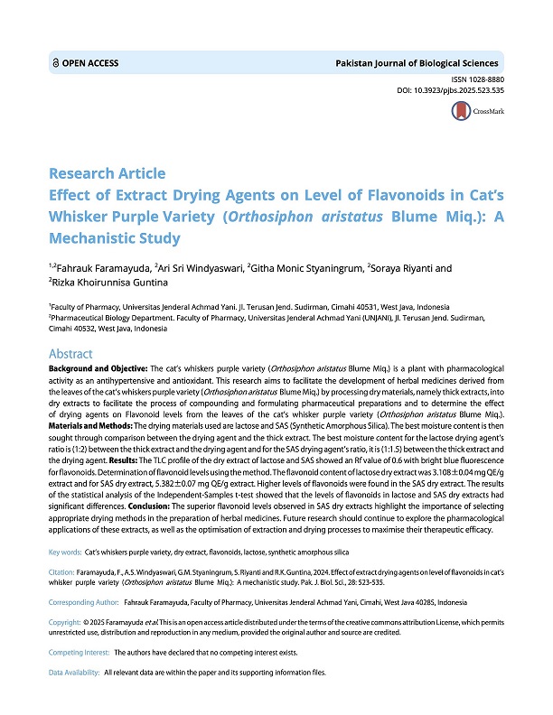 EFFECT OF EXTRACT DRYING AGENTS ON LEVEL OF FLAVONOIDS IN CAT’S WHISKER PURPLE VARIETY (ORTHOSIPHON ARISTATUS BLUME MIQ.): A MECHANISTIC STUDY