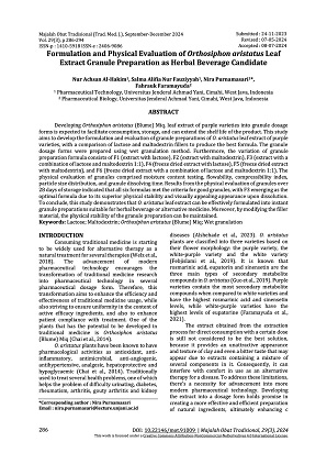 FORMULATION AND PHYSICAL EVALUATION OF ORTHOSIPHON ARISTATUS LEAF EXTRACT GRANULE PREPARATION AS HERBAL BEVERAGE CANDIDATE