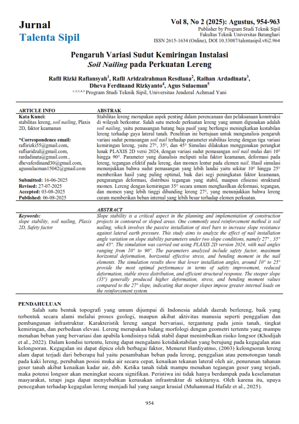Pengaruh Variasi Sudut Kemiringan Instalasi Soil Nailing pada Perkuatan Lereng