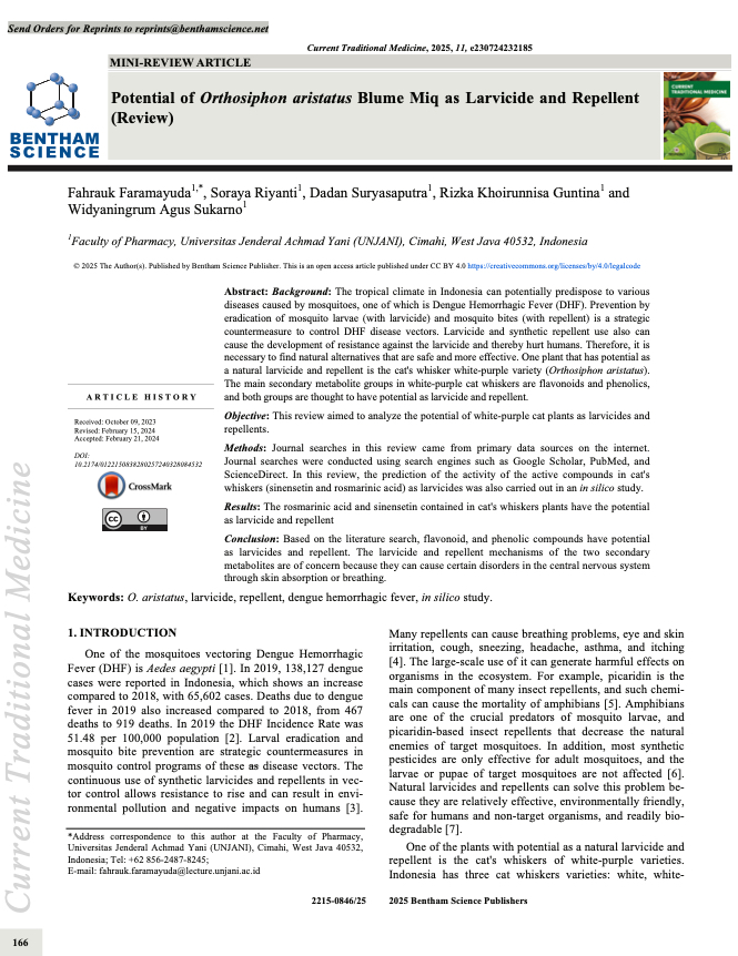 POTENTIAL OF ORTHOSIPHON ARISTATUS BLUME MIQ AS LARVICIDE AND REPELLENT (REVIEW)
