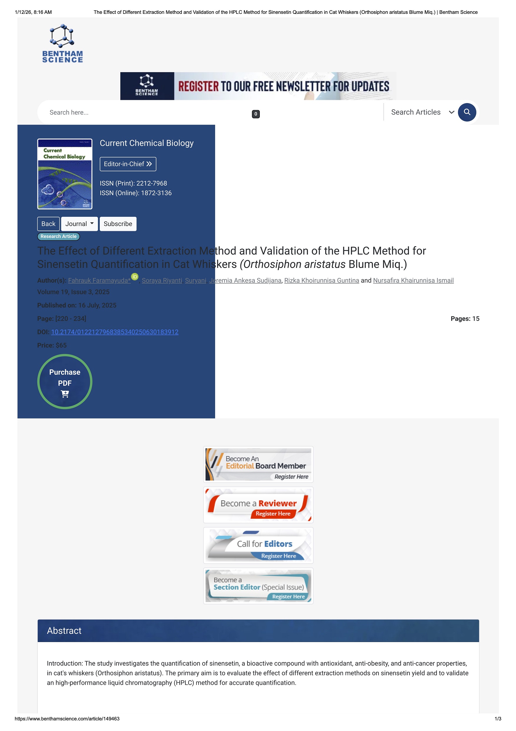 THE EFFECT OF DIFFERENT EXTRACTION METHOD AND VALIDATION OF THE HPLC METHOD FOR SINENSETIN QUANTIFICATION IN CAT WHISKERS (ORTHOSIPHON ARISTATUS BLUME MIQ.)