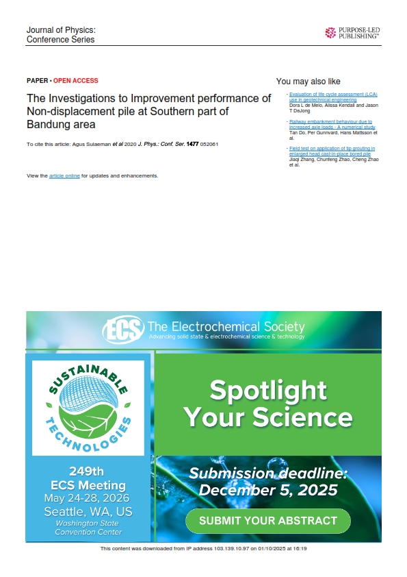 The Investigations to Improvement performance of Non-displacement pile at Southern part of Bandung area
