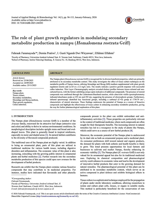 THE ROLE OF PLANT GROWTH REGULATORS IN MODULATING SECONDARY METABOLITE PRODUCTION IN NAMPU (HOMALOMENA ROSTRATA GRIFF)
