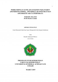 PERBANDINGAN JUMLAH LEUKOSIT PADA PASIEN APENDISITIS SIMPEL, APENDIKULAR INFILTRAT DAN APENDISITIS AKUTA PERFORATA PERIODE 2016-2018
Di RS Dustira Cimahi