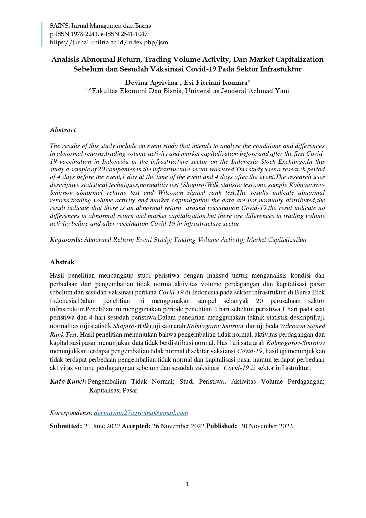 ANALISIS ABNORMAL RETURN, TRADING VOLUME ACTIVITY, DAN MARKET CAPITALIZATION SEBELUM DAN SESUDAH VAKSINASI COVID-19 PADA SEKTOR INFRASTRUKTUR