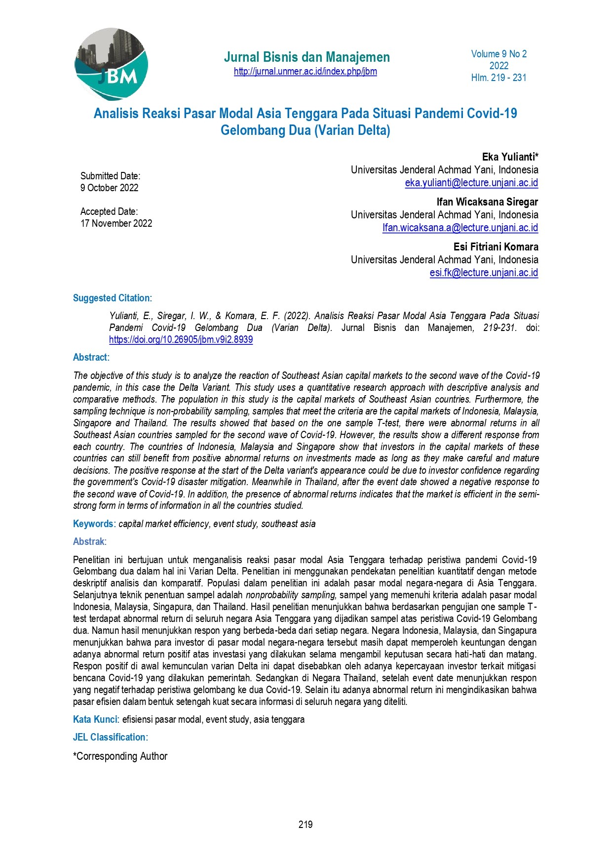 Analisis Reaksi Pasar Modal Asia Tenggara Pada Situasi Pandemi Covid-19 Gelombang Dua (Varian Delta)