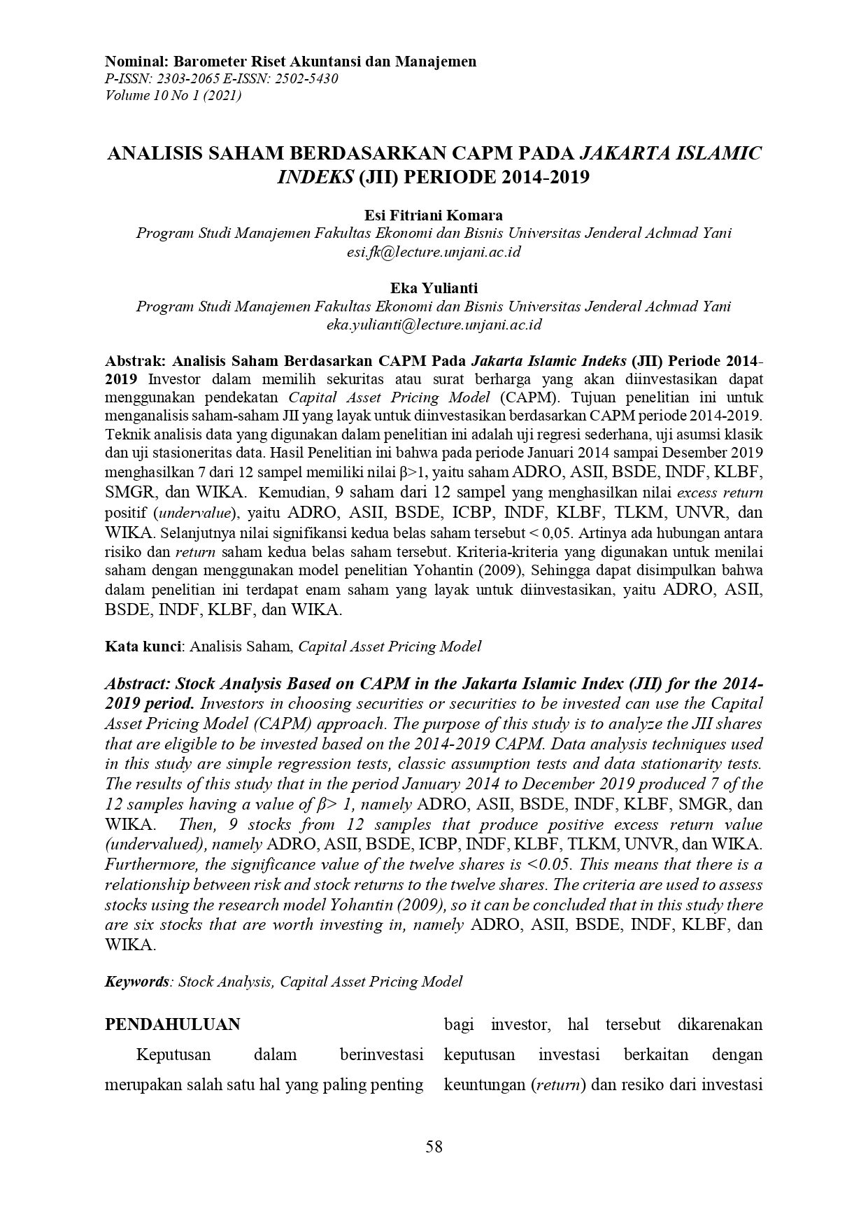 Analisis Saham Berdasarkan Capm Pada Jakarta Islamic Indeks (Jii) Periode 2014-2019