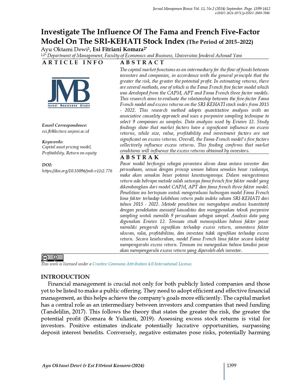 INVESTIGATE THE INFLUENCE OF THE FAMA AND FRENCH FIVE-FACTOR MODEL ON THE SRI-KEHATI STOCK INDEX (THE PERIOD OF 2015–2022)