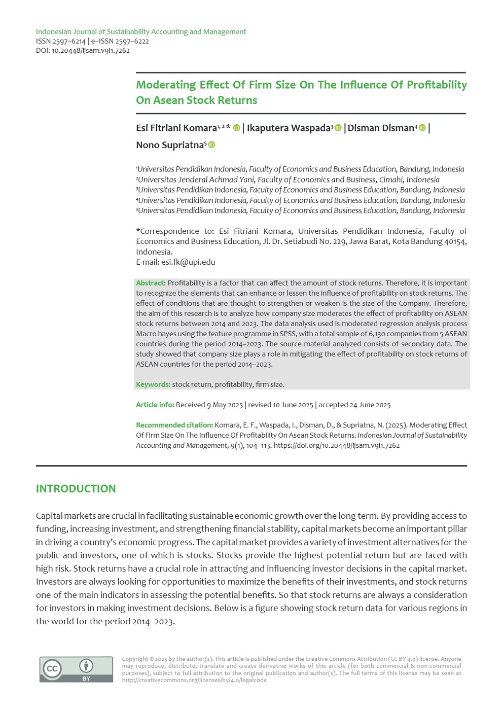 Moderating Effect Of Firm Size On The Influence Of Profitability On Asean Stock Returns (2014 – 2023)
