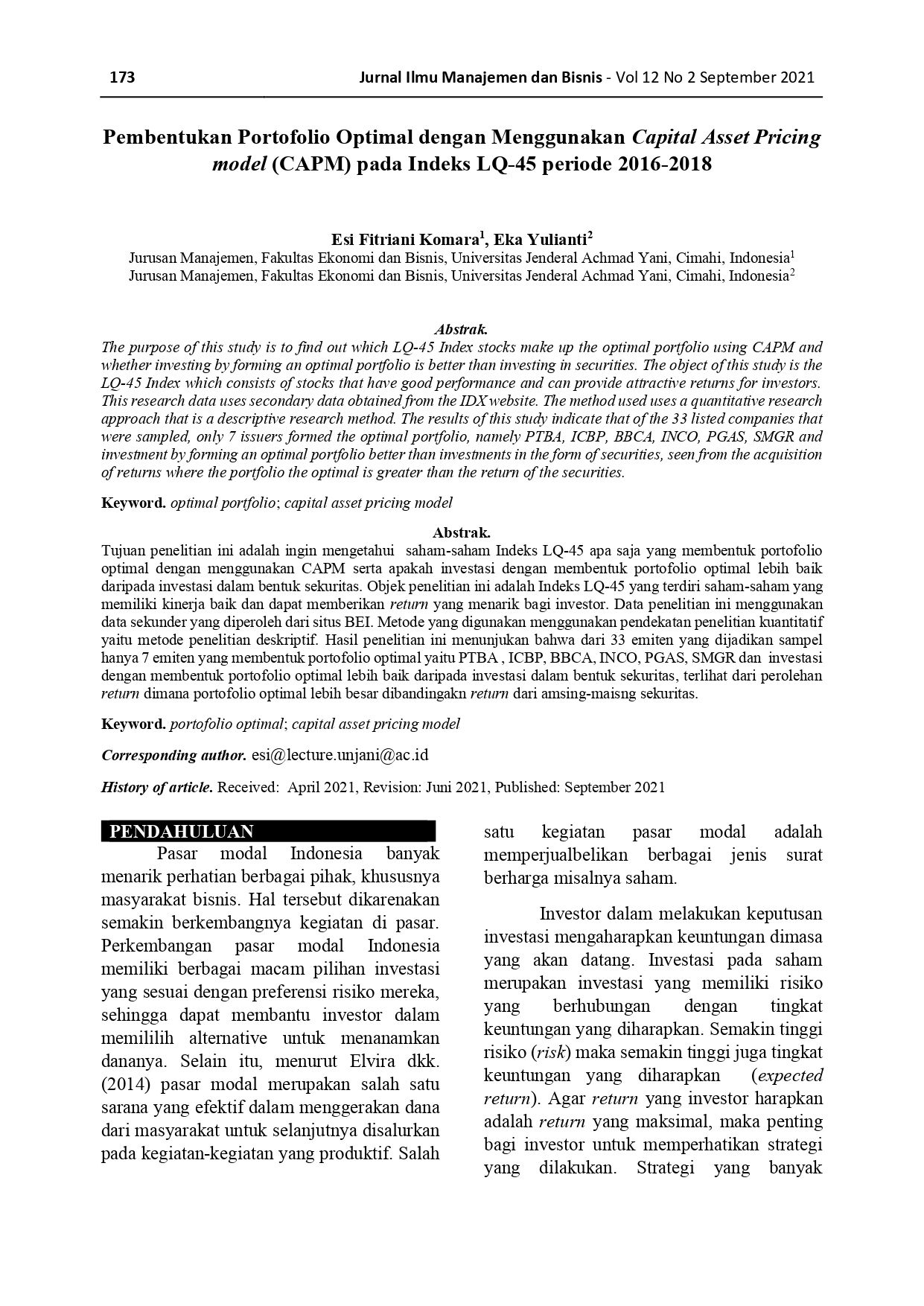 PEMBENTUKAN PORTOFOLIO OPTIMAL DENGAN MENGGUNAKAN CAPITAL ASSET PRICING MODEL (CAPM) PADA INDEKS LQ-45 PERIODE 2016-2018