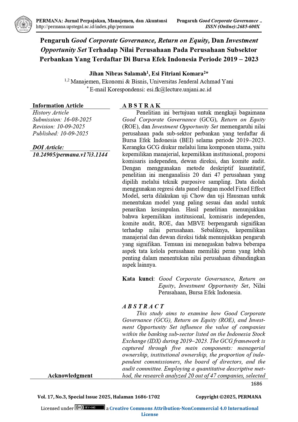 PENGARUH GOOD CORPORATE GOVERNANCE, RETURN ON EQUITY, DAN INVESTMENT OPPORTUNITY SET TERHADAP NILAI PERUSAHAAN PADA PERUSAHAAN SUBSEKTOR PERBANKAN YANG TERDAFTAR DI BURSA EFEK INDONESIA PERIODE 2019 – 2023