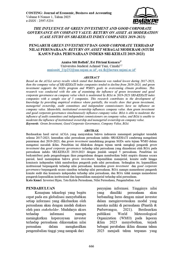 PENGARUH GREEN INVESTMENTDAN GOOD CORPORATETERHADAP NILAI PERUSAHAAN: RETURN ON ASSETSEBAGAI MODERASI (STUDI KASUS PADA PERUSAHAAN INDEKS SRI-KEHATI 2019-2023)