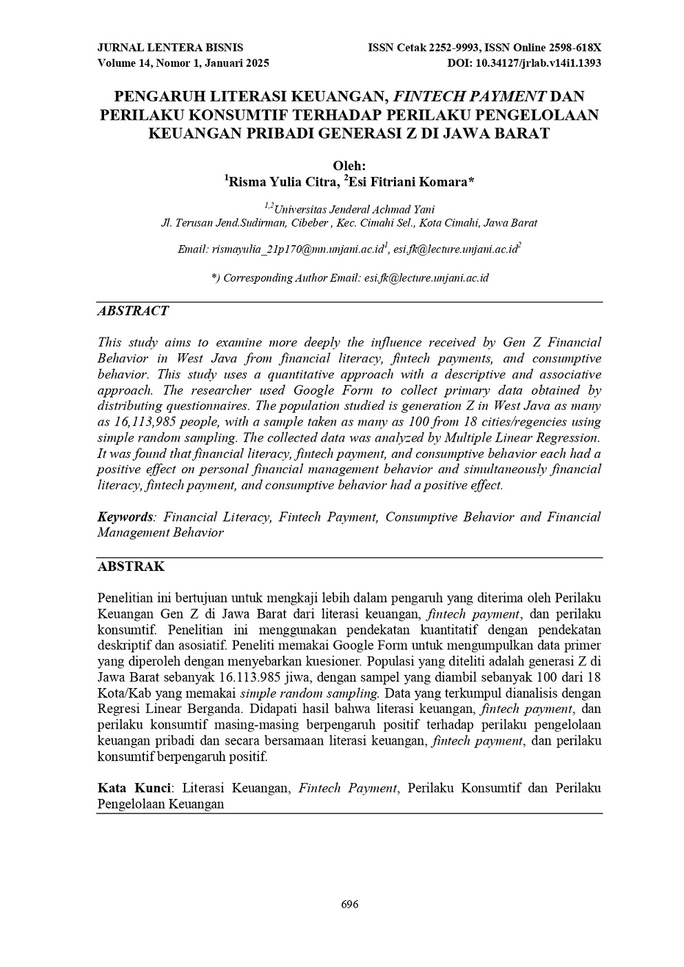 PENGARUH LITERASI KEUANGAN, FINTECH PAYMENT DAN PERILAKU KONSUMTIF TERHADAP PERILAKU PENGELOLAAN KEUANGAN PRIBADI GENERASI Z DI JAWA BARAT