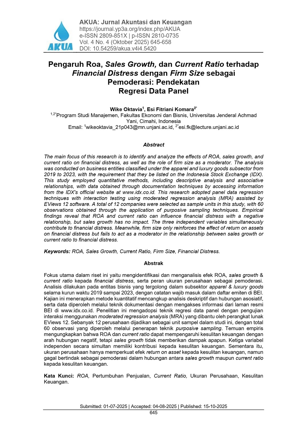 PENGARUH ROA, SALES GROWTH DAN CR TERHADAP FINANCIAL DISTRESS DENGAN FIRM SIZE SEBAGAI PEMODERASI : PENDEKATAN REGRESI DATA PANEL