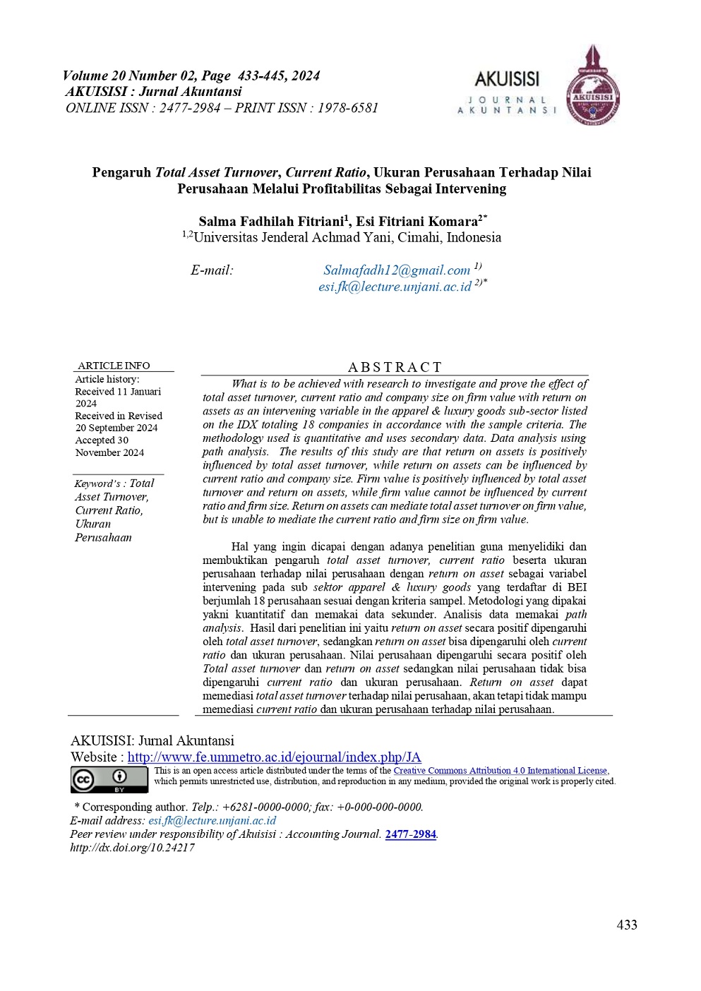 PENGARUH TOTAL ASSET TURNOVER, CURRENT RATIO, UKURAN PERUSAHAAN TERHADAP NILAI PERUSAHAAN MELALUI PROFITABILITAS SEBAGAI INTERVENING