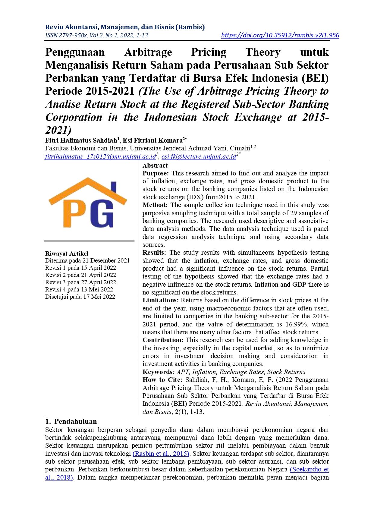 PENGGUNAAN ARBITRAGE PRICING THEORY UNTUK MENGANALISIS RETURN SAHAM PADA PERUSAHAAN SUB SEKTOR PERBANKAN YANG TERDAFTAR DI BURSA EFEK INDONESIA (BEI) PERIODE 2015-2021 (THE USE OF ARBITRAGE PRICING THEORY TO ANALISE RETURN STOCK AT THE REGISTERED SUB-SECTOR BANKING CORPORATION IN THE INDONESIAN STOCK EXCHANGE AT 2015-2021)