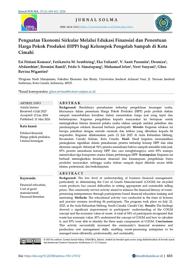 PENGUATAN EKONOMI SIRKULAR MELALUI EDUKASI FINANSIAL DAN PENENTUAN  HARGA POKOK PRODUKSI (HPP) BAGI KELOMPOK PENGOLAH SAMPAH DI KOTA CIMAHI
