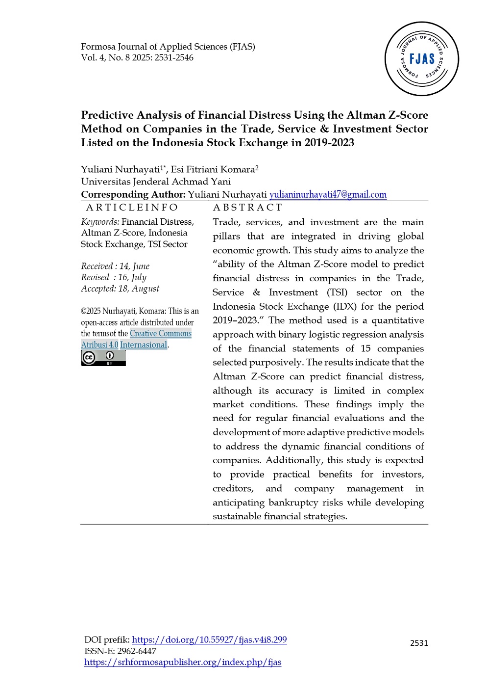 PREDICTIVE ANALYSIS OF FINANCIAL DISTRESS USING THE ALTMAN Z-SCORE METHOD ON COMPANIES IN THE TRADE, SERVICE & INVESTMENT SECTOR LISTED ON THE INDONESIA STOCK EXCHANGE IN 2019-2023