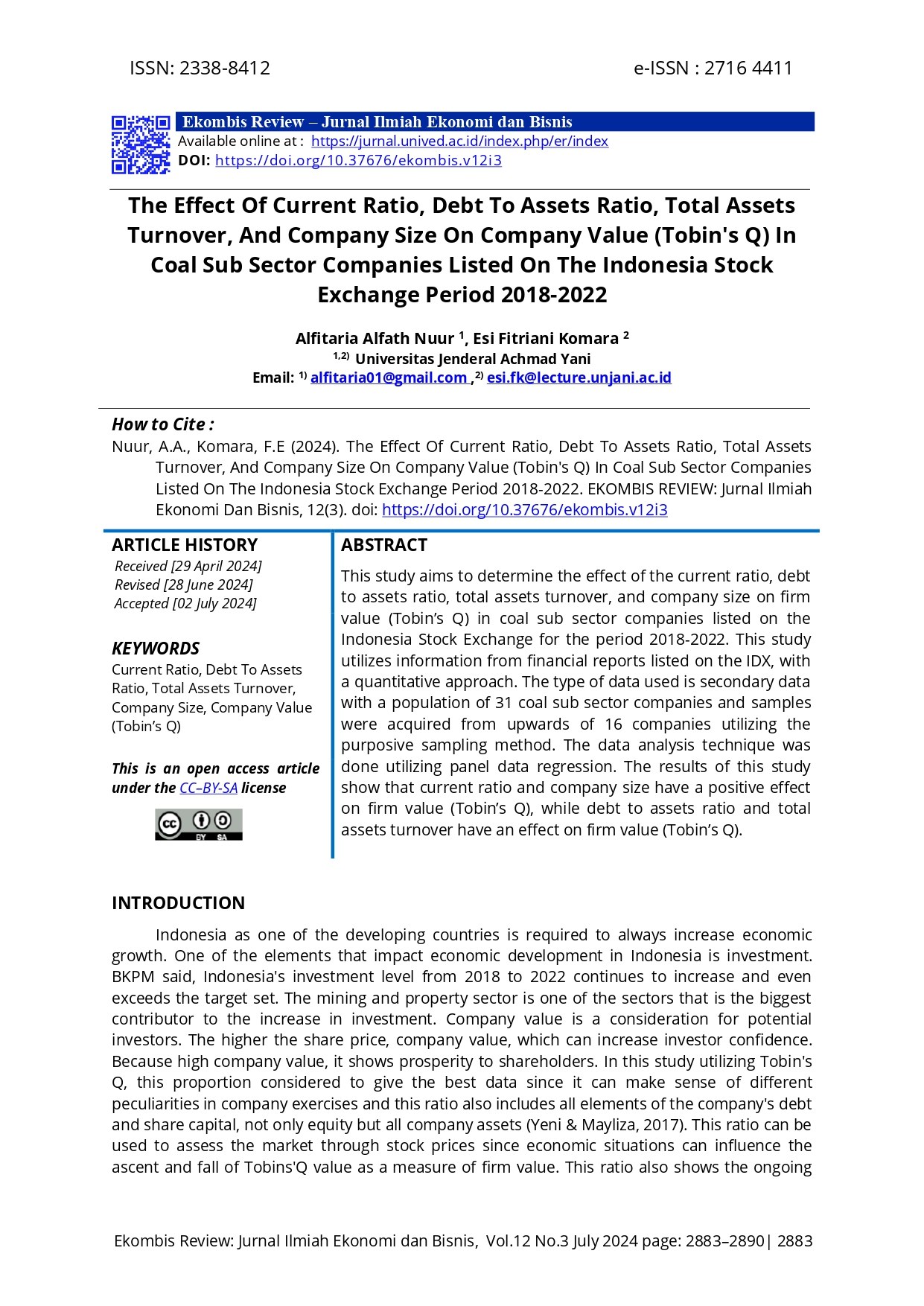 THE EFFECT OF CURRENT RATIO, DEBT TO ASSETS RATIO, TOTAL ASSETS TURNOVER, AND COMPANY SIZE ON COMPANY VALUE (TOBIN'S Q) IN COAL SUB SECTOR COMPANIES LISTED ON THE INDONESIA STOCK EXCHANGE PERIOD 2018-2022