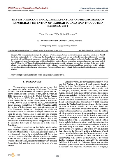 THE INFLUENCE OF PRICE, DESIGN, FEATURE AND BRAND IMAGE ON REPURCHASE INTENTION OF WARDAH FOUNDATION PRODUCTS IN BANDUNG CITY