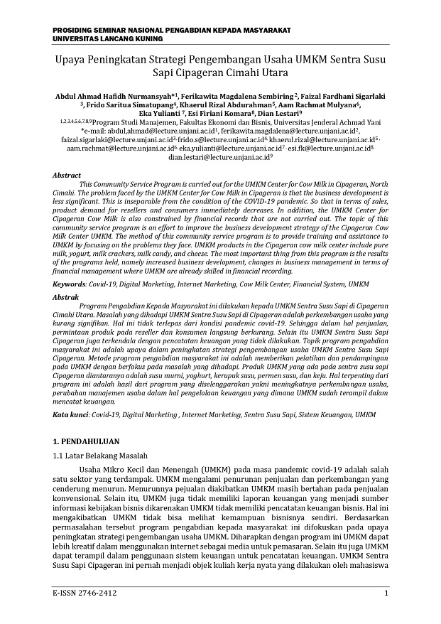 UPAYA PENINGKATAN STRATEGI PENGEMBANGAN USAHA UMKM SENTRA SUSU SAPI CIPAGERAN CIMAHI UTARA